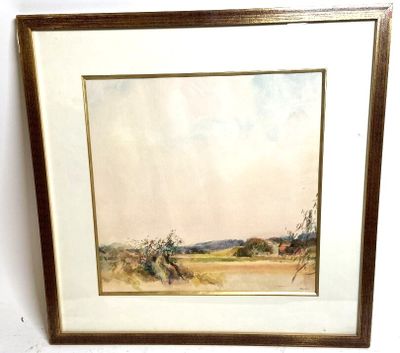 aquarelle encadrée représentant un paysage avec des chevaux dans un champ