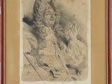 un vieux dessin représentant un homme et une femme assis sur un banc