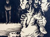a black and white drawing of a woman sitting on a bench