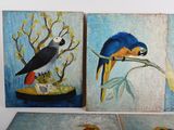 painting of two parrots on a branch and a bird on a branch
