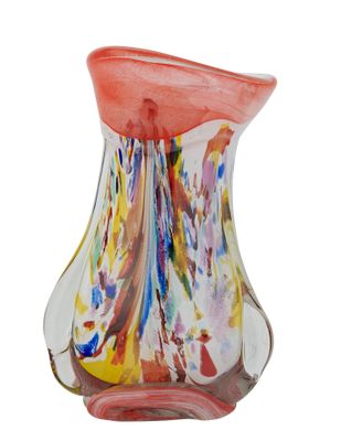 a glass vase that has a colorful design on it