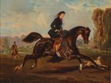 tableau représentant une femme à cheval, avec un chien au premier plan