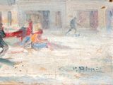 a painting of people playing in the snow on the street