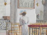 a painting of a woman standing in a church