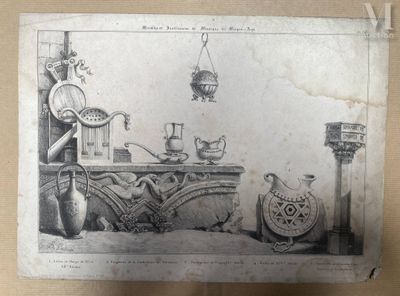 un dessin représentant une pièce avec une horloge, des vases et d'autres objets