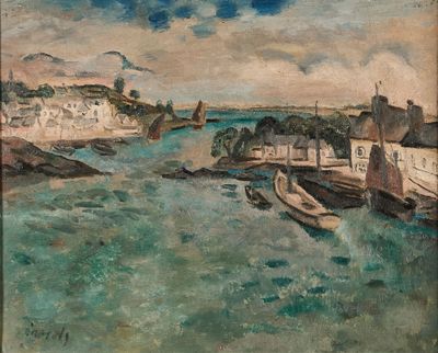 une image représentant un tableau d'un port avec des bateaux sur l'eau