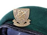 a green hat with a gold badge on it