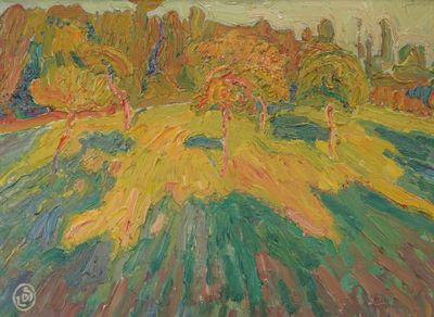 an image of a painting of a field with trees in the background