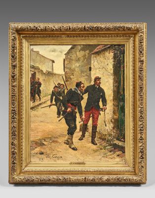 a painting of two men walking down a street in a village