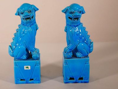 une paire de chiens foo foo bleus assis sur des boîtes bleues, posées sur une surface blanche