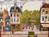 une photo d'un tableau représentant une scène de rue, posé sur une table