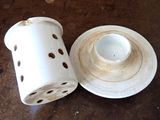 a white cup and saucer sitting on a table