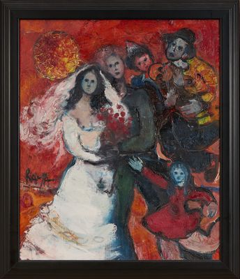 an oil painting of a bride and groom on a red background