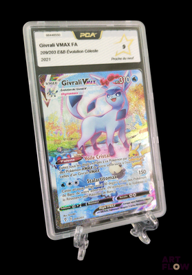 a pokemon card in a plastic holder on a black background