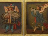 two paintings of a man with a sword and a woman with a sword