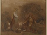 painting of a man and a woman in a landscape with a dog