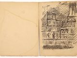 an old book with a drawing of a building on it