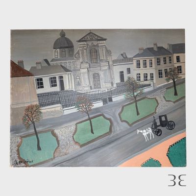 une peinture représentant une calèche devant un bâtiment