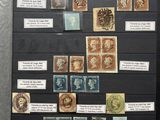 a display of stamps on display in a glass case