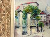 an oil painting of a street scene with a church in the background