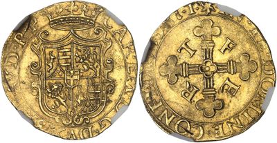 a gold coin with a cross on the front and a shield on the back
