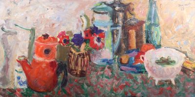 a painting of a table with vases and flowers on it