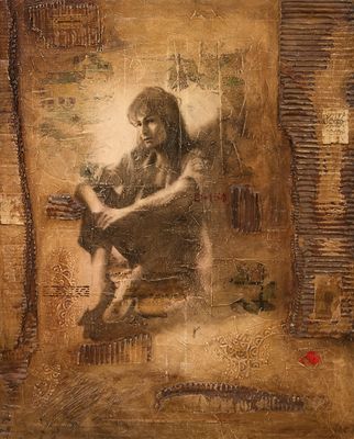 un tableau représentant un homme assis sur une chaise dans une pièce