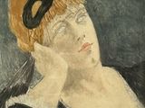 tableau représentant une femme en robe noire tenant une rose rouge à la main