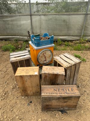 une horloge posée au sommet d'une pile de caisses en bois