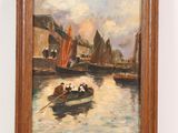 an oil painting of a boat with people in it on the water