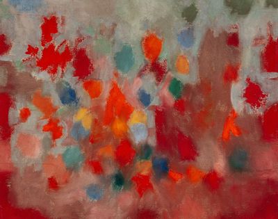 une peinture abstraite représentant des fleurs rouges et bleues sur un fond rouge