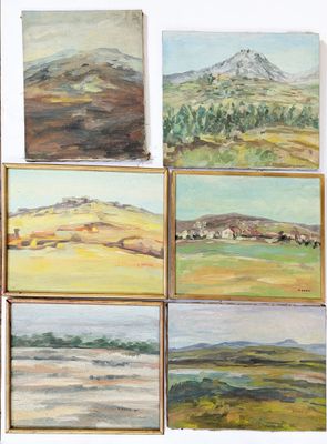 several paintings of a mountain range are displayed on a white surface