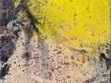 abstract painting of a yellow and black piece of art on a black background