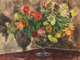 une peinture représentant un vase de fleurs sur une table
