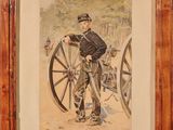 painting of a man in uniform standing next to a large wheel