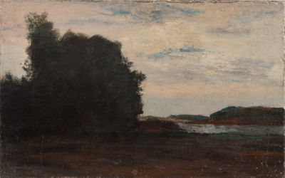 une image représentant un tableau représentant un paysage avec des arbres et un plan d'eau