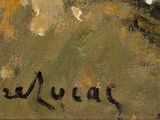 an oil painting of a woman sitting on a hill with a dog in her lap