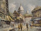 une peinture à l'huile représentant une scène de rue avec des personnes marchant dans la rue