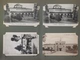 several old black and white photos of a building with a clock tower