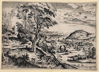 an old drawing of a landscape with trees and a river