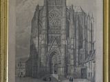an old drawing of a large building with a clock on the front of it