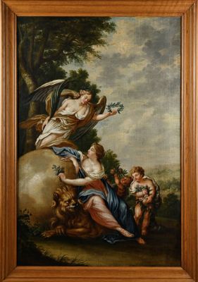 un tableau représentant un tableau d'une femme assise sur un rocher, entourée d'anges
