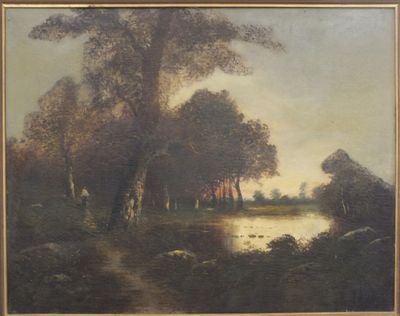 peinture d'un paysage avec une rivière et des arbres au premier plan