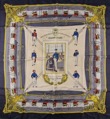 an image of a scarf with a picture of a group of people on it