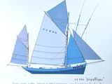 un dessin représentant un voilier aux voiles bleues