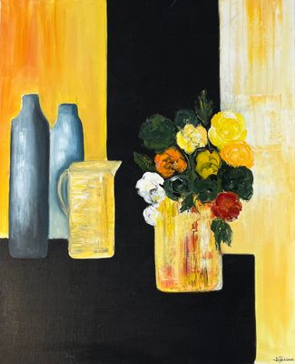une peinture représentant un vase de fleurs sur une table