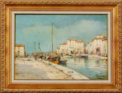 une peinture à l'huile d'une scène portuaire avec des bateaux dans l'eau