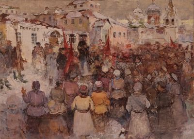 tableau représentant une foule de personnes debout devant un bâtiment