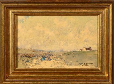 une peinture à l'huile représentant un paysage avec une ferme et une maison au loin