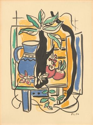tableau représentant un chat noir assis sur une table à côté d'un vase bleu